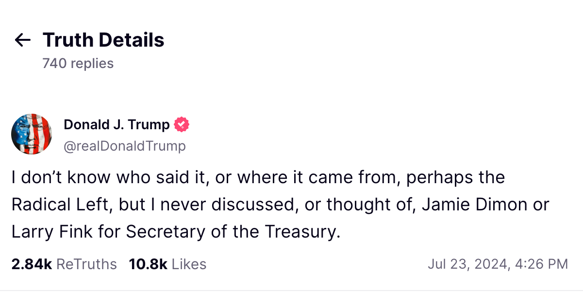 Donald Trump sagt, er erwäge weder Jamie Dimon noch Larry Fink als Finanzminister