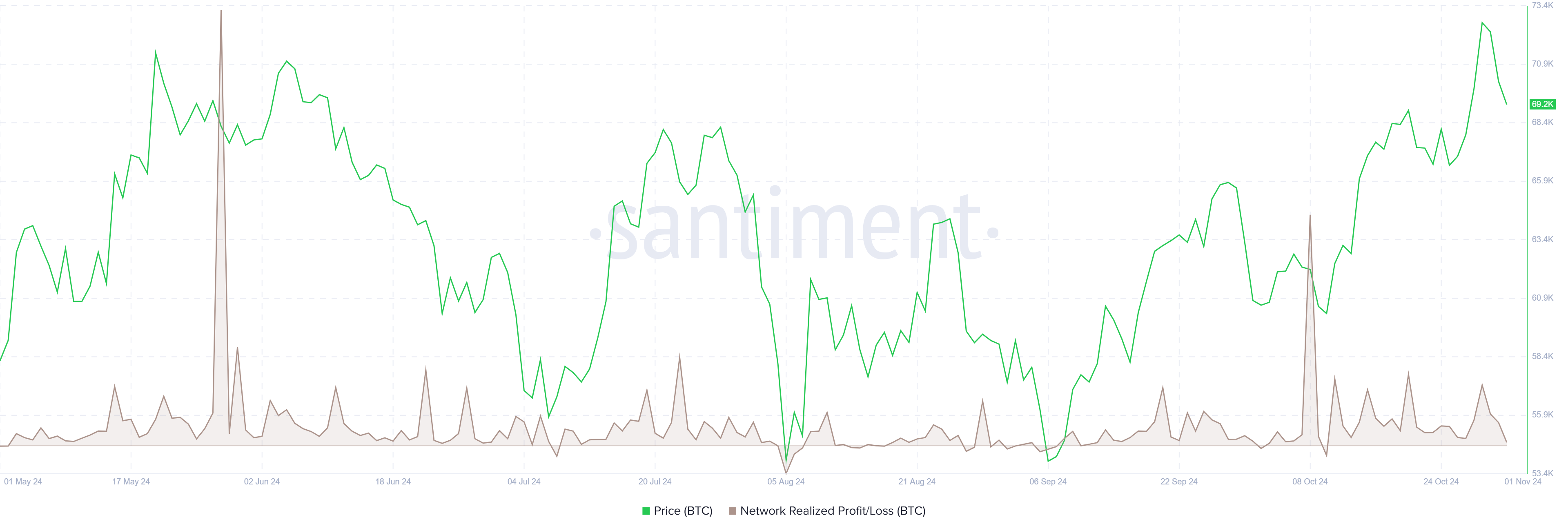 Bitcoin Network Realized Profit/Loss chart. Source: Santiment