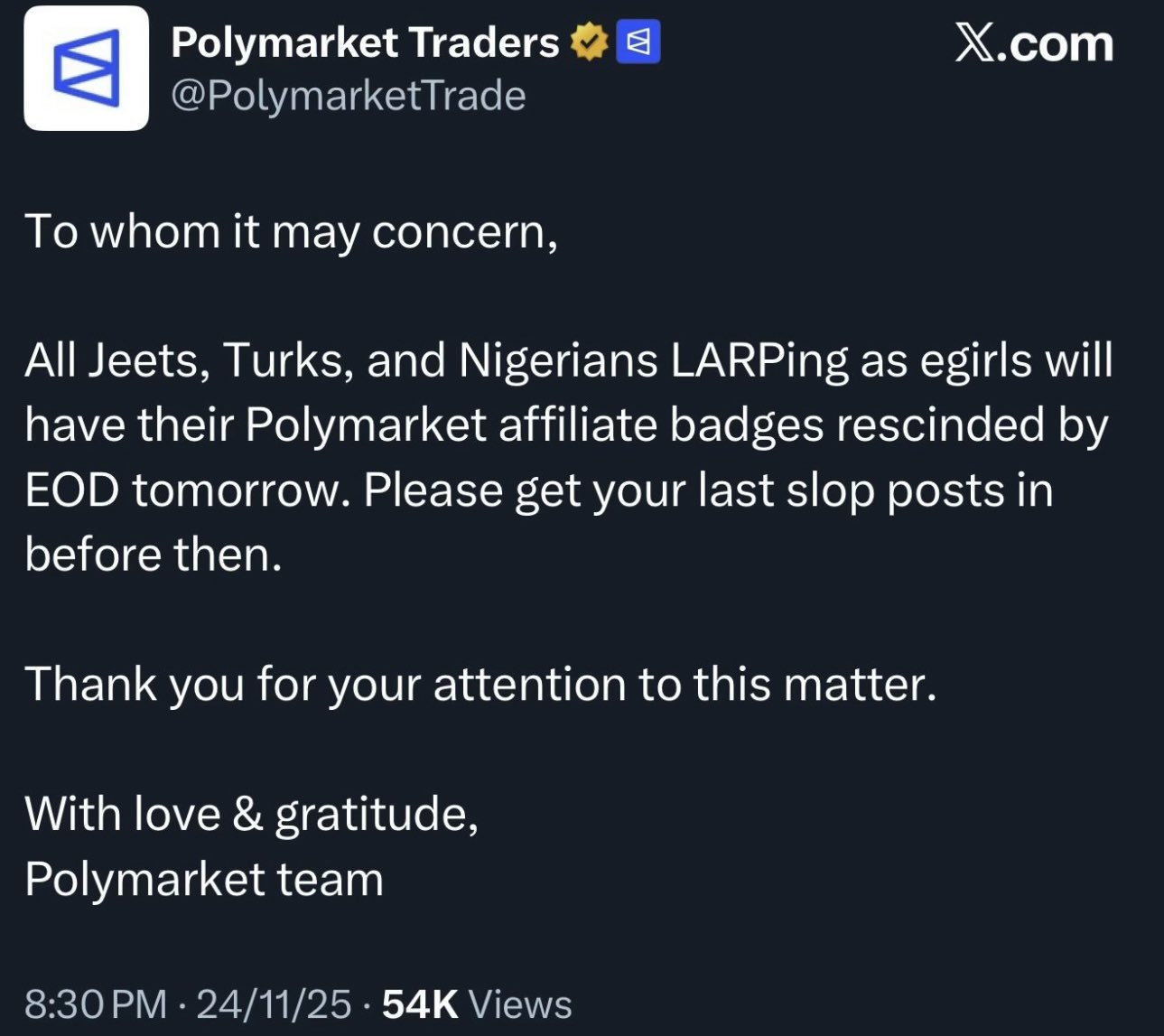 Расистский пост Polymarket