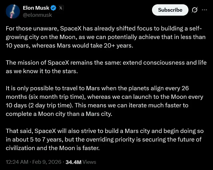 Elon Musk on X SpaceX has already shifted focus to building a self-growing city on the Moon