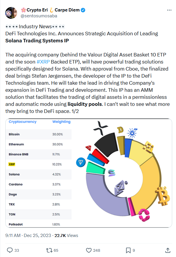 Эксперт XRP высоко оценивает приобретение IP-адресов DeFi Technologies Solana Trading