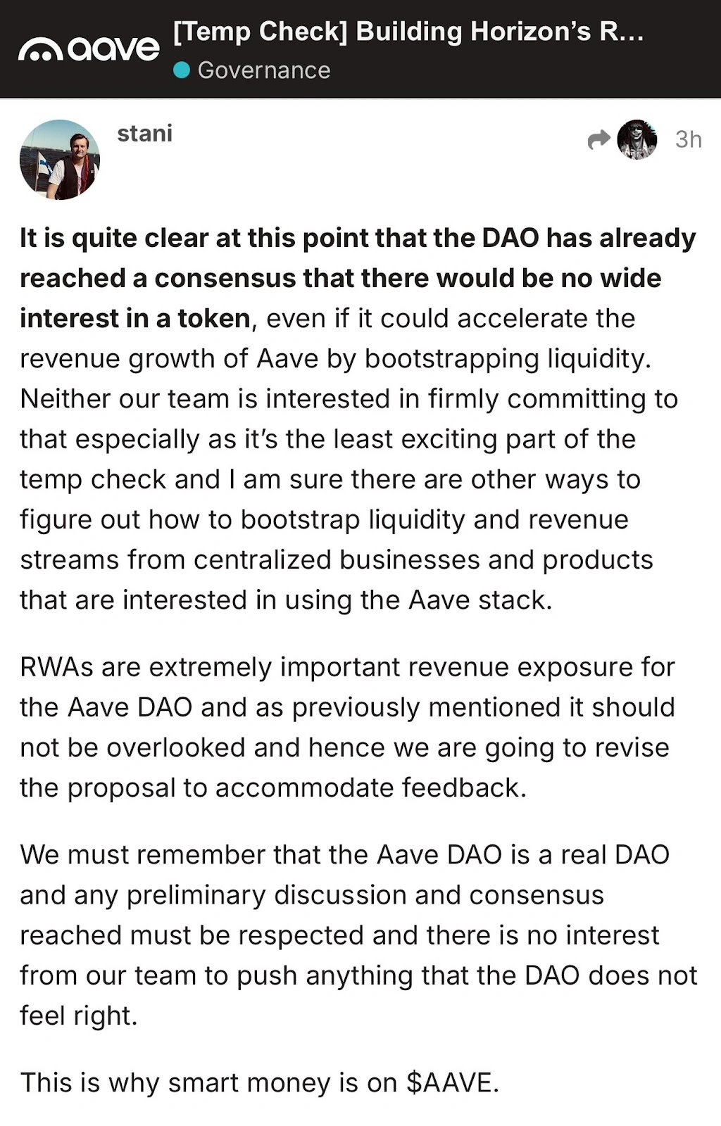 Aave Labs’ CEO, Stani Kulechov shares a message with the AAVE DAO after they reached a consensus about token investment