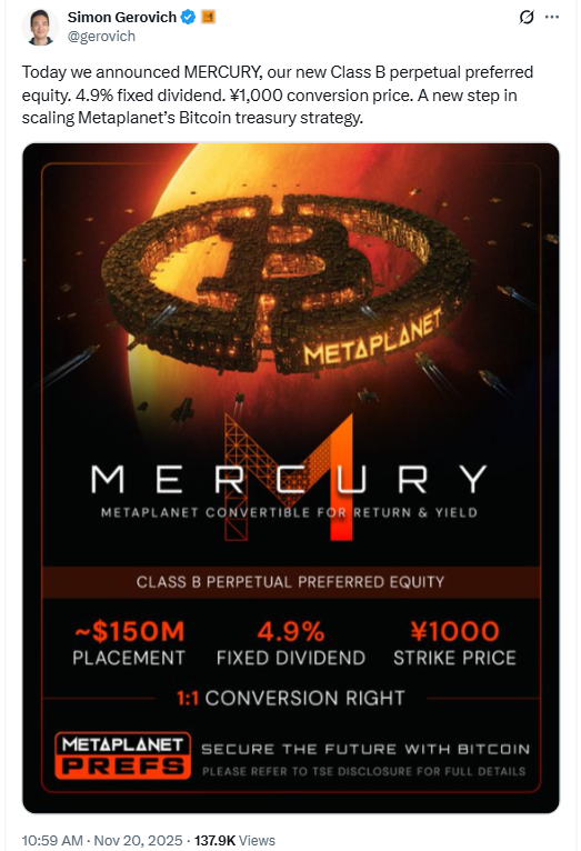 Metaplanet Launches Mercury | Source: Simon Gerovich