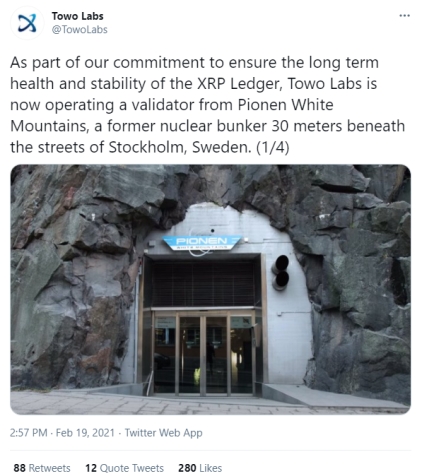 XRPL validator by Towo Labs utilizes former nuclear bunker in Sweden