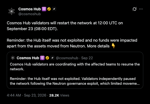 При перезапуске Cosmos Hub из кошелька пользователя, использующего уязвимостьtron выведено 1,23 миллиона ATOM без подписи владельца
