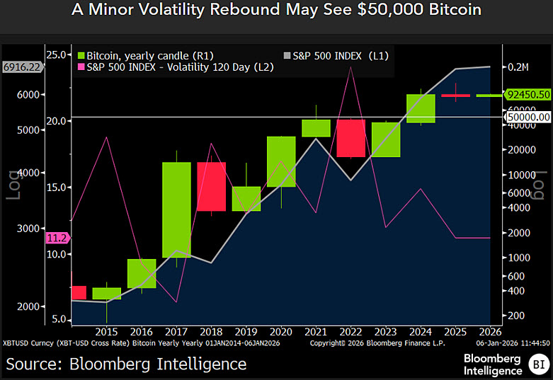 Bitcoin yearly chart with SPX volatility by Bloomberg Intelligence