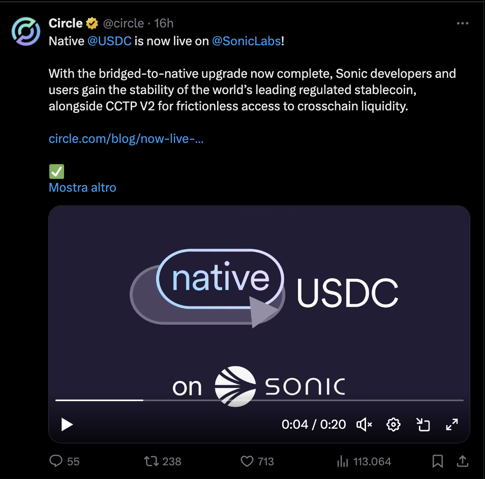 Circle запускает USDC и Native CCTP V2 на Sonic Blockchain Circle запускает USDC и Native CCTP V2 на Sonic Blockchain