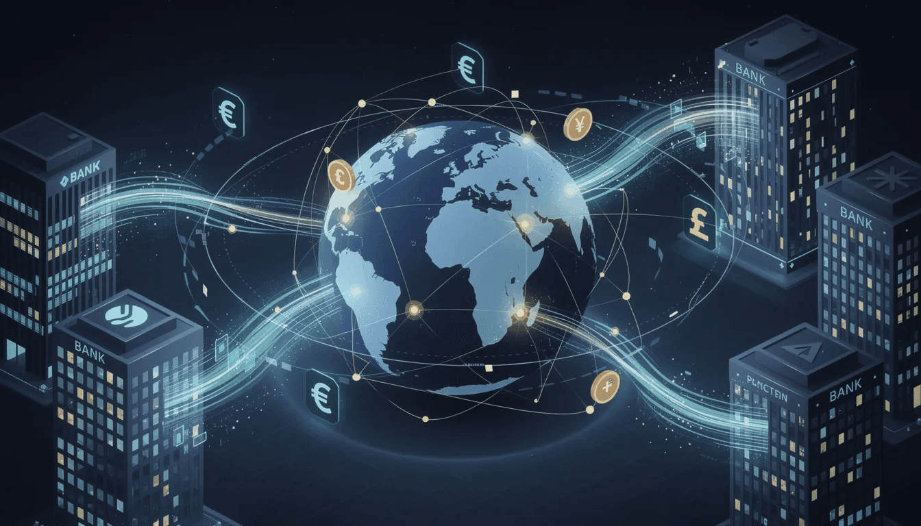 The image shows a global network of bank connections and international transfers, illustrating the role of cryptocurrencies like <span class=
