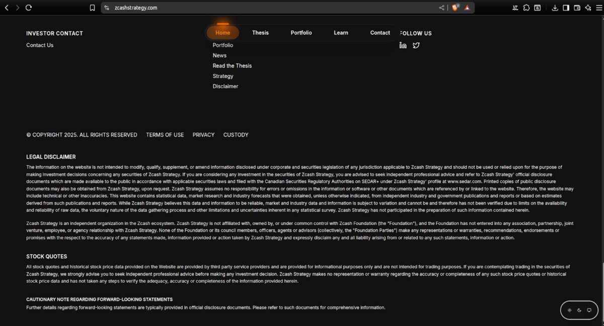 Legal disclaimer on the Zcash Strategy website | Source: zcashstrategy.com