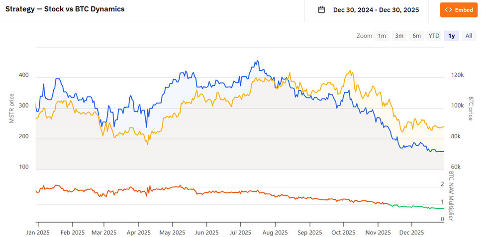 Performance Comparison between Strategy Stock MSTR vs BTC YTD