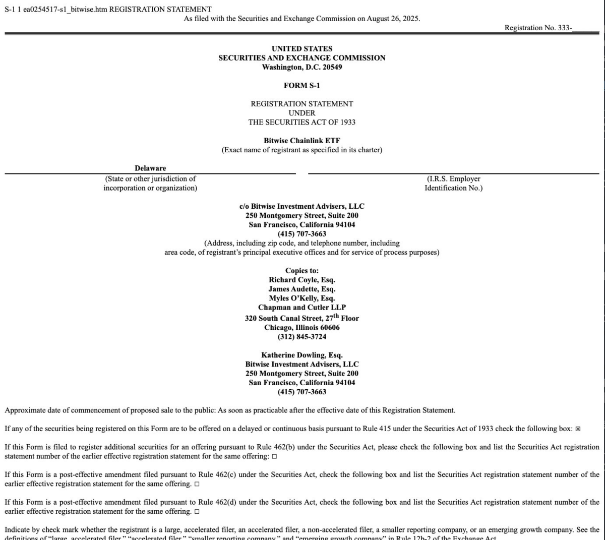 Bitwise Files Form S-1 with SEC to List Chainlink Spot ETF | Source: SEC.gov | Aug 26, 2025