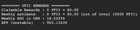 Screengrab showing weekly ROI and APY for YFII-DAI BPT staking