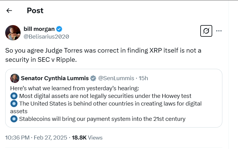Адвокат Билл Морган задает вопросы сенатору Ламмису о решении XRP после ее замечаний о правилах криптовалют