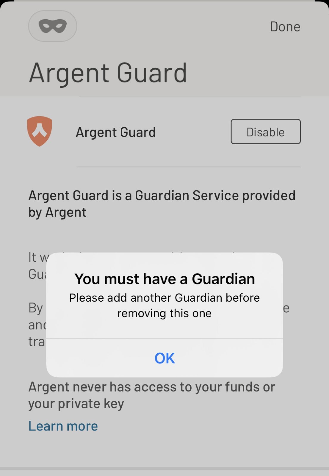 Screenshot from Argent app