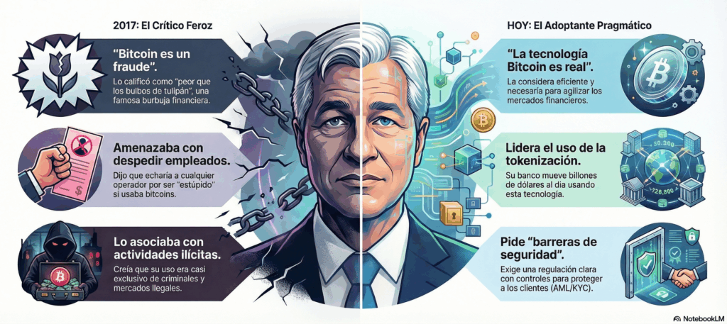 Infografía que muestra los cambios de Jamie Dimon con relación a bitcoin.