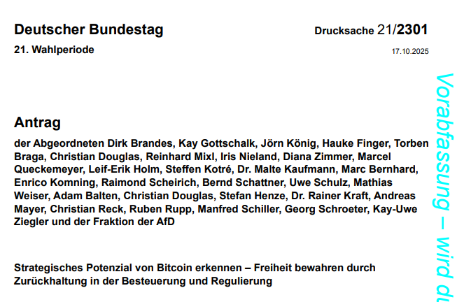AfD impulsa ley para establecer una reserva de Bitcoin en Alemania. Fuente: Deutscher Bundestag