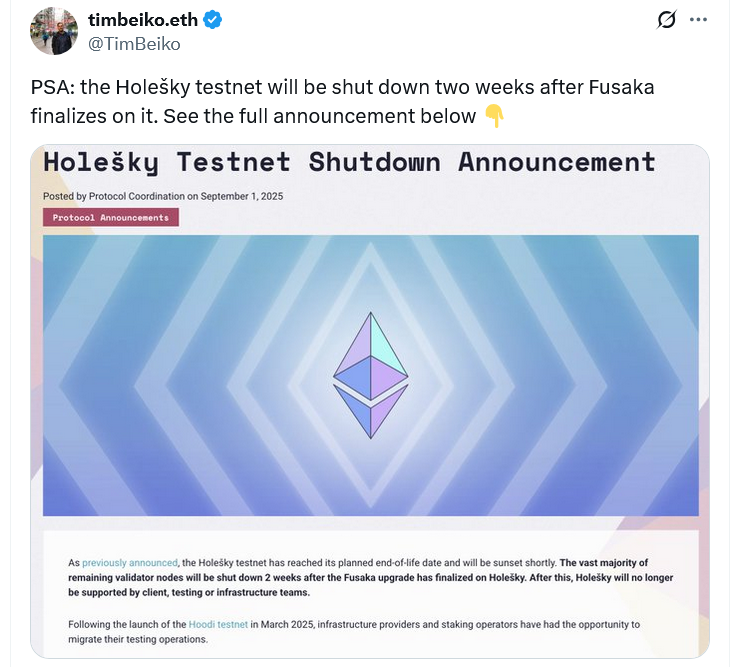 Ethereum's Holešky Testnet Could Be Retired Ahead Of Fusaka, With Migration To Hoodi Planned 1 Ethereum testnet infrastructure