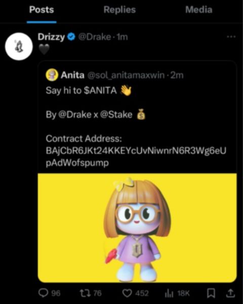 Взломавший учётную запись Дрейка пиарил обесценившийся токен Anita