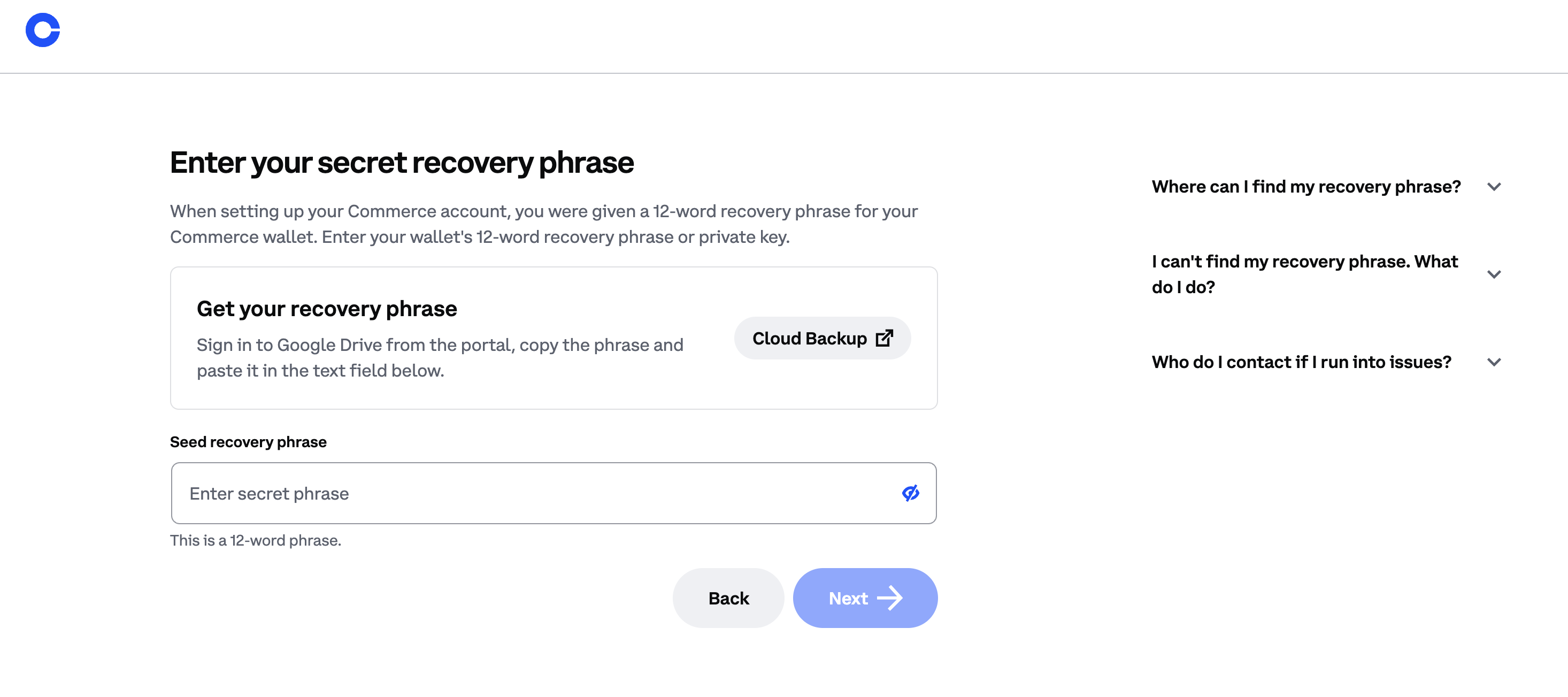 Страница восстановления сида в Coinbase Commerce