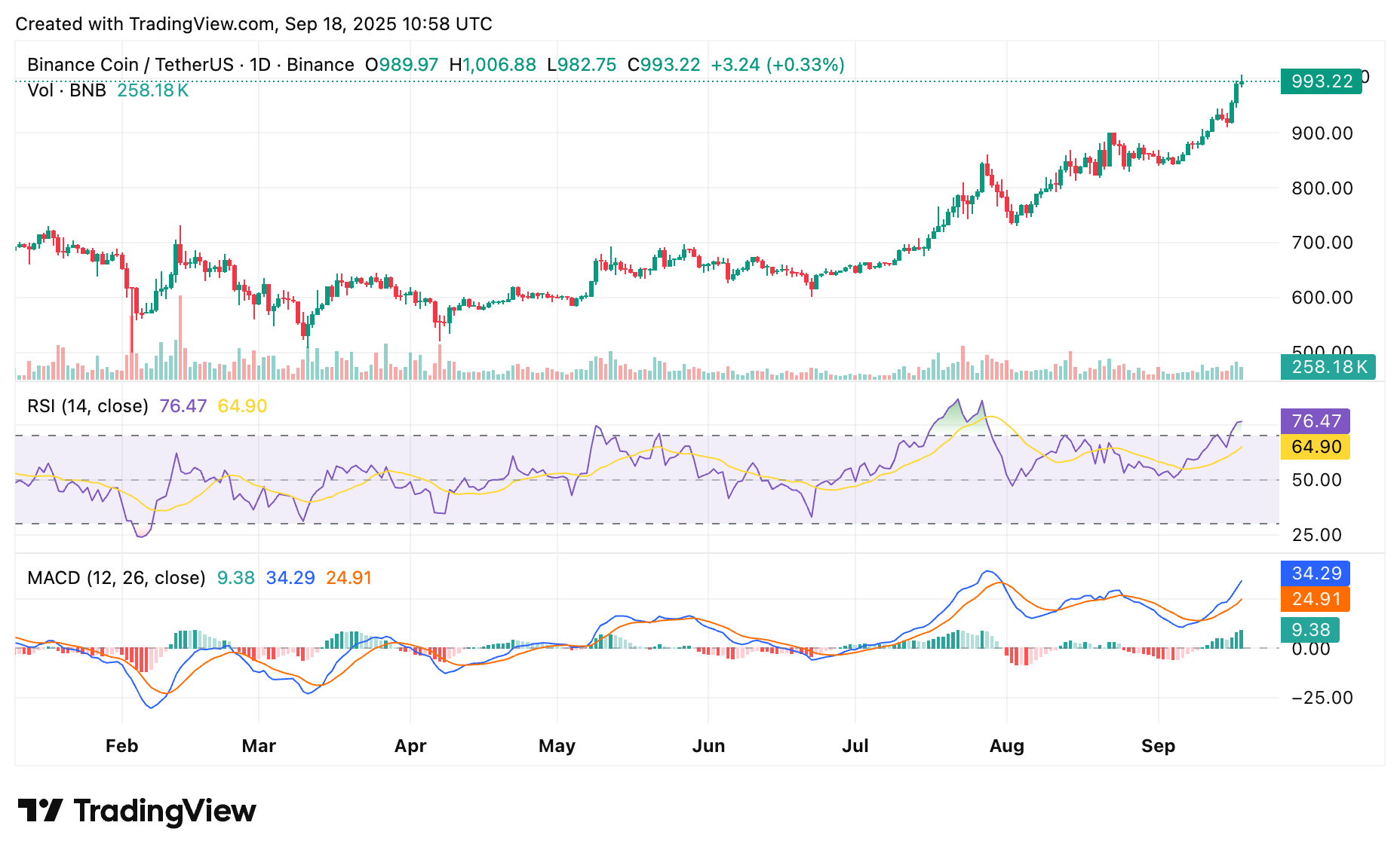 BNB 가격 변동과 기술을 보여주는 차트