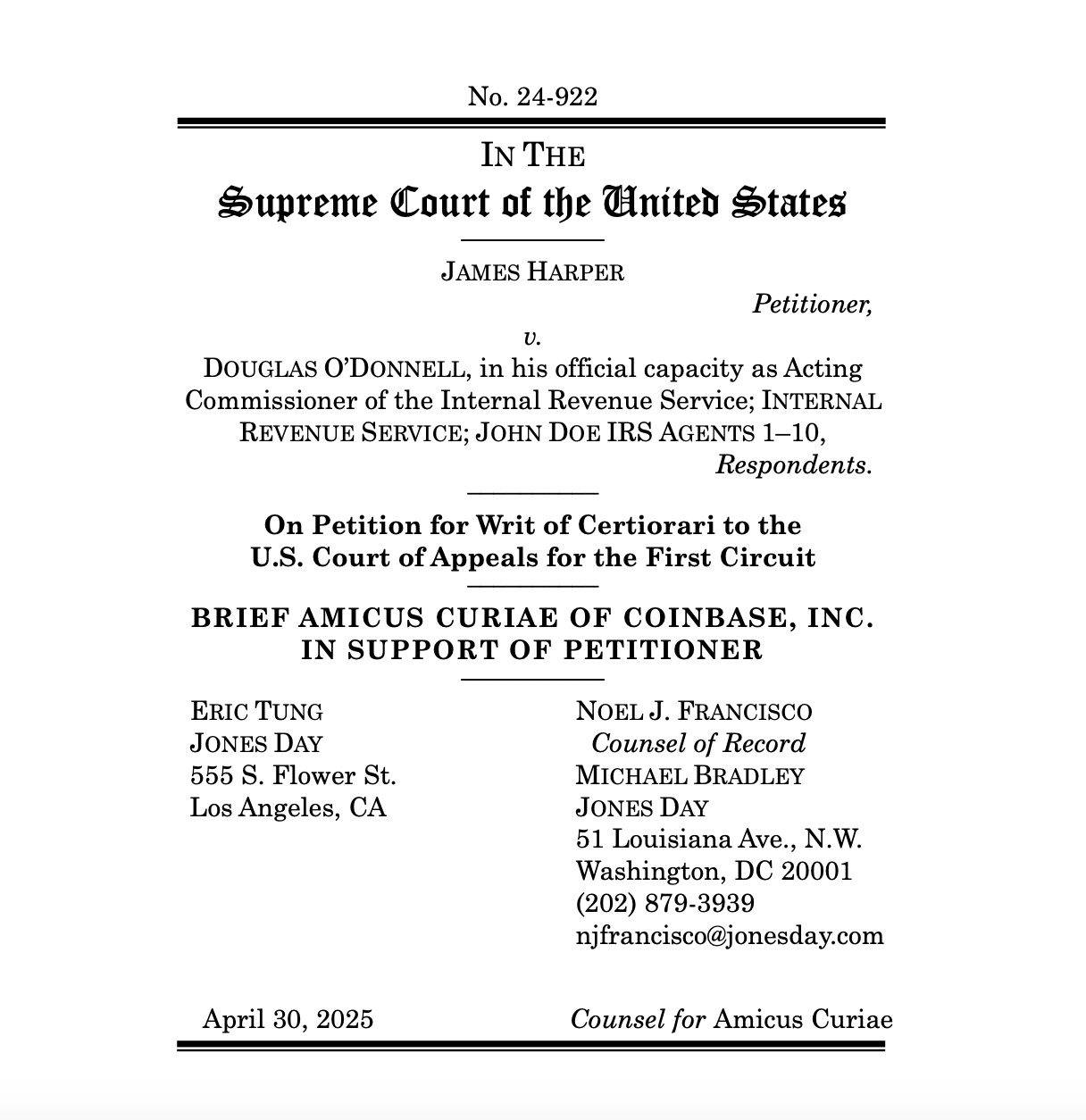 Coinbase подала в Верховный суд США заявление в поддержку конфиденциальности налогоплательщиков