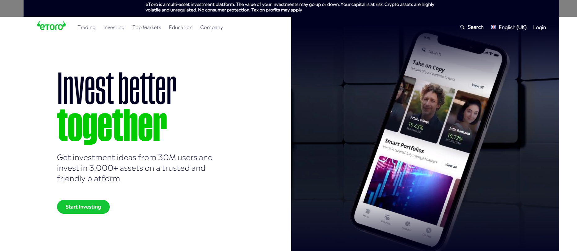 For comparison, a screenshot showing the original eToro website. Source: eToro.com