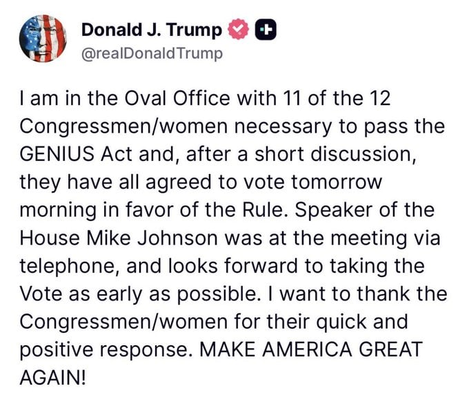 Trump says key Congress members have agreed to advance GENIUS Act