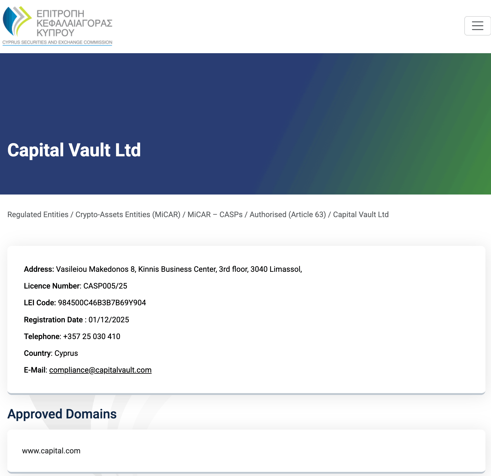 MiCA registration of Capital.com-linked entity on CySEC's registry