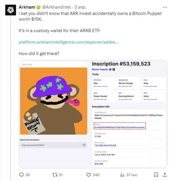 Компания ARK Invest владеет NFT Bitcoin Puppet стоимостью $15000