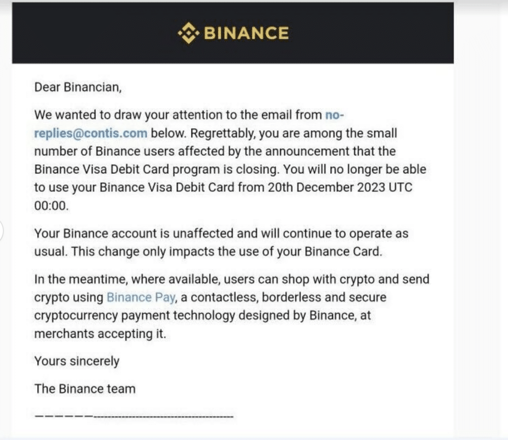 Binance прекращает поддержку дебетовой карты Visa в электронных письмах, отправленных клиентам Binance прекращает поддержку дебетовой карты Visa в электронных письмах, отправленных клиентам
