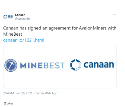 Canaan sells Bitcoin (BTC) miners to Minebest