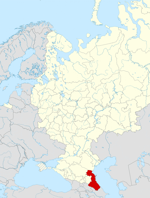 A map of Russia with Dagestan, a republic in the North Caucasus region, shaded in red.